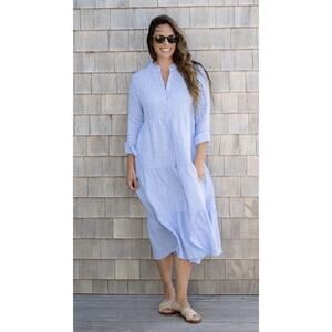 Alice Walk Blue Chambray Linen Blend Tiered Blue Chambray Midi Button Up Dress S